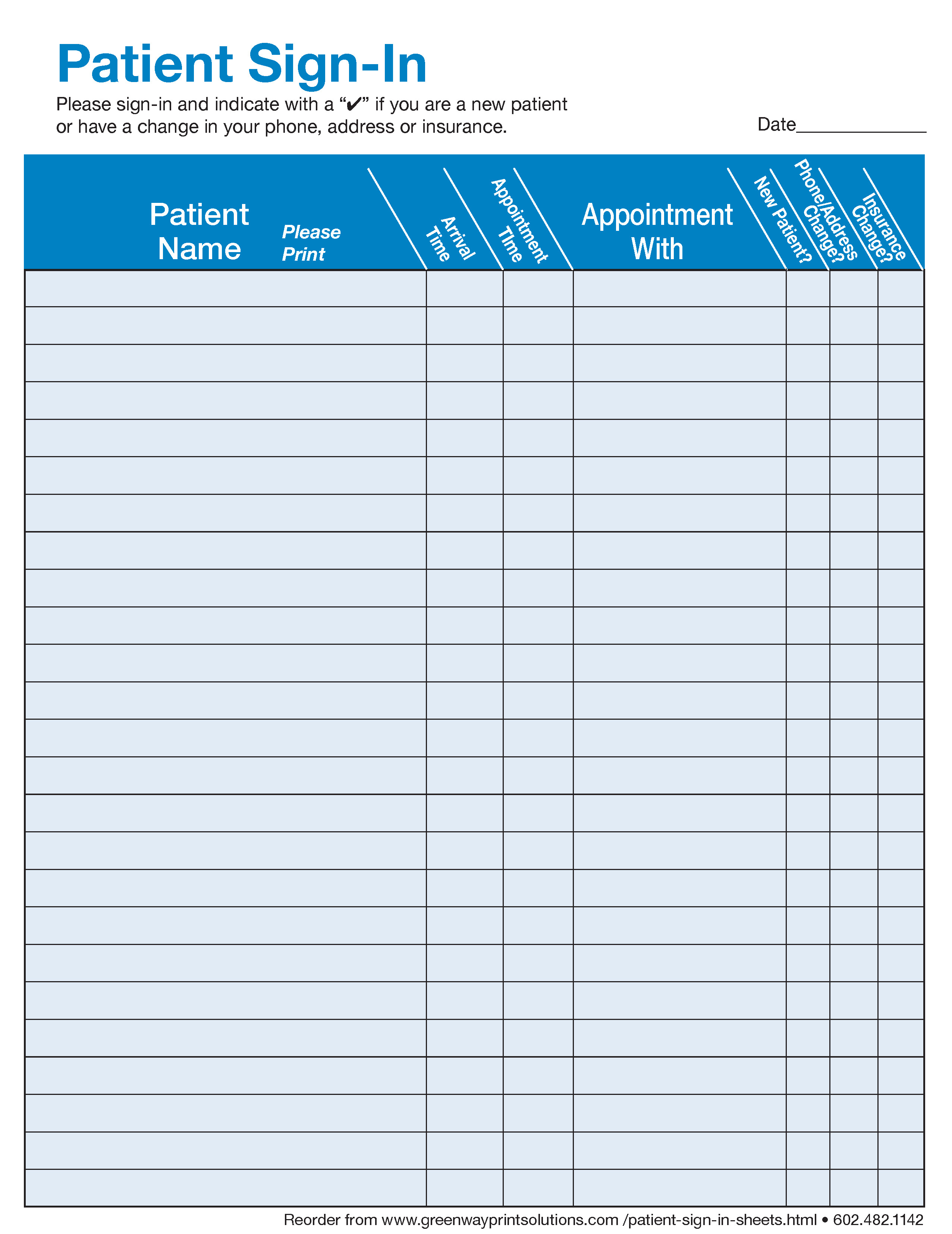 One Part Patient Sign-in Sheet